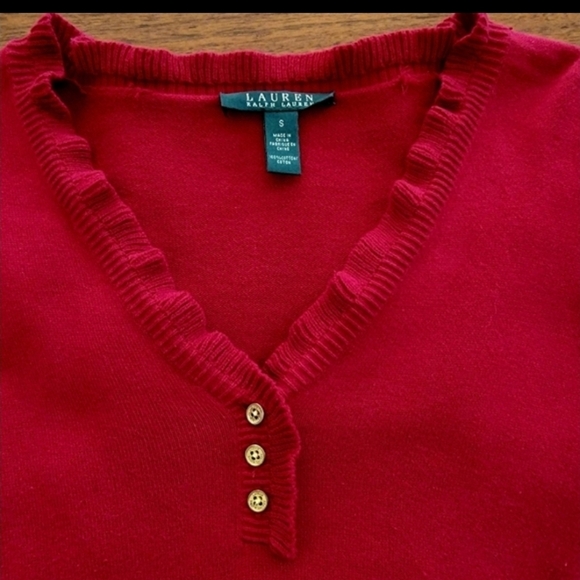 Ralph Lauren Red V-Neck Sweater Ruffle Trim Button Placket Cotton Small - Picture 6 of 7